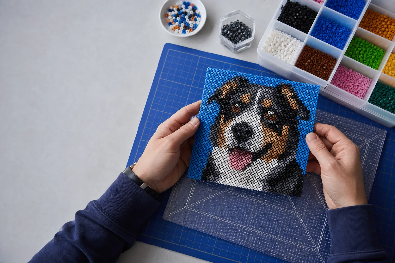 Adult maker holding a finished fuse bead dog portrait above a pegboard